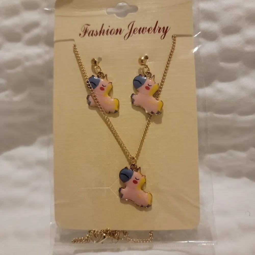 Fashion Jewelry Girls Multicolor Unicorn Charm Necklace With Earring Set
